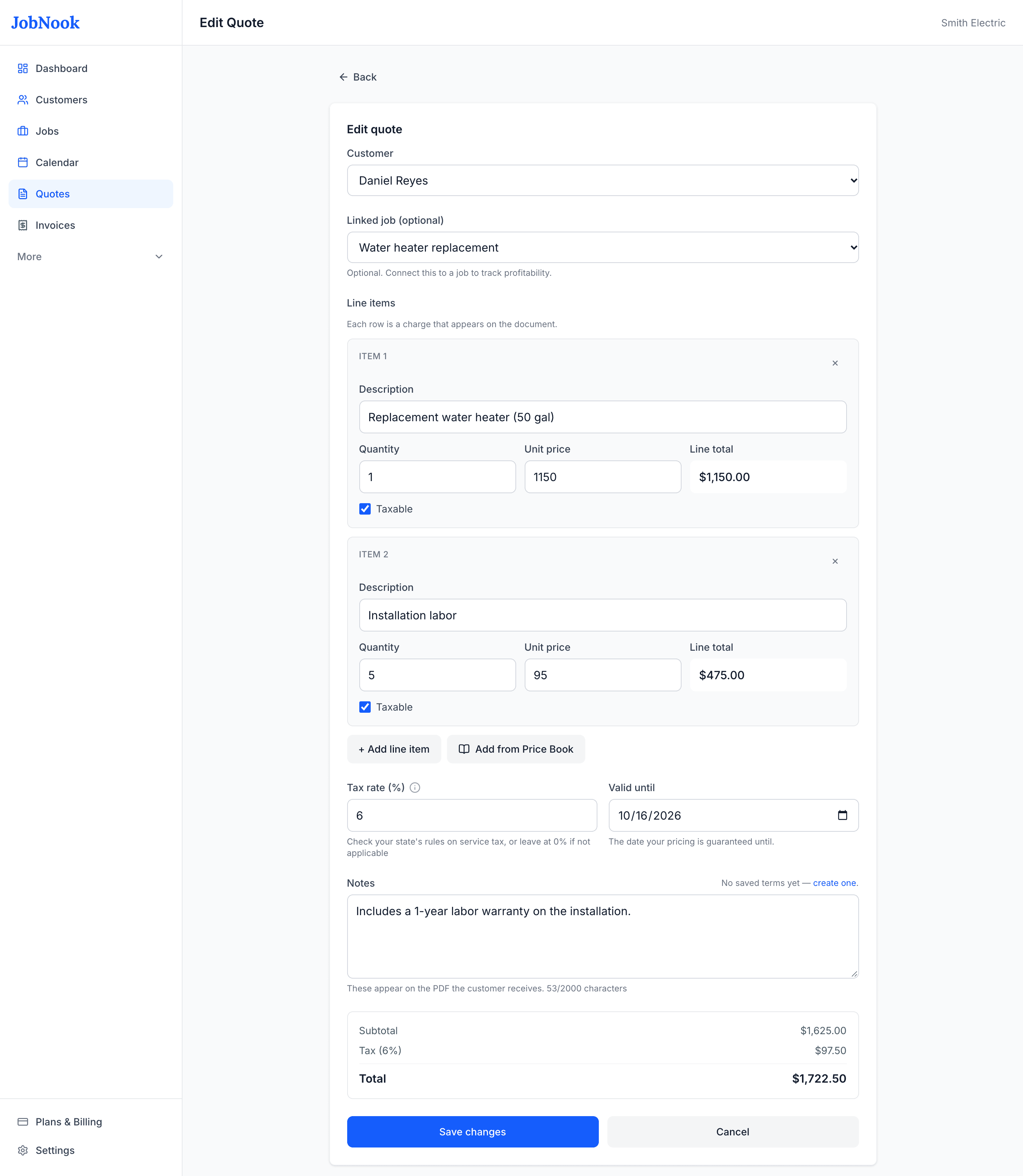 JobNook quote builder with line items, tax, and an automatic total